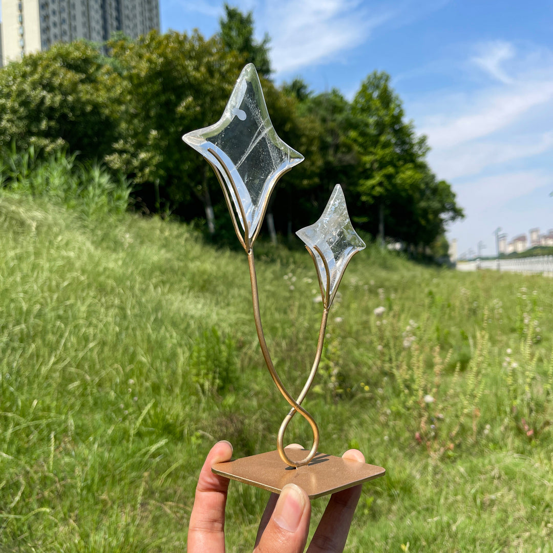 Unique,Imperfect Natural Clear Quartz Twin Star With Stand