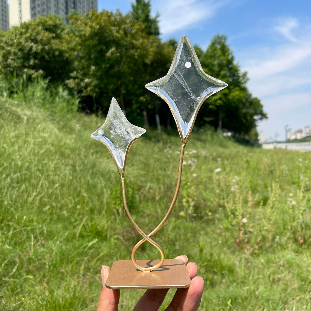 Unique,Imperfect Natural Clear Quartz Twin Star With Stand