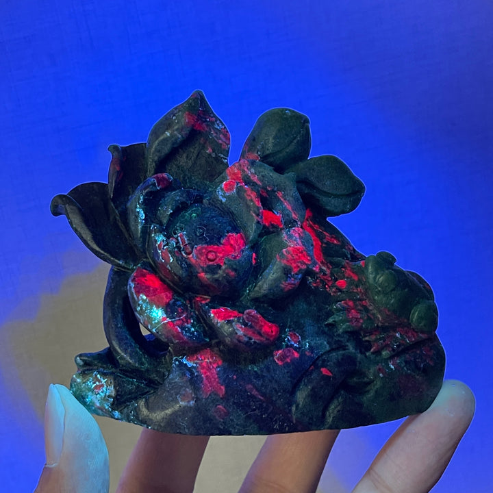 Unique,Natural Vibrant Ruby In Zoisite Lotus With Frog Carving
