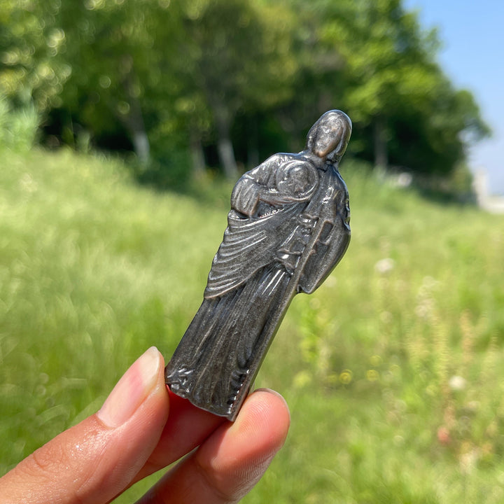 Natural Sacred Silver Obsidian Priest Carving