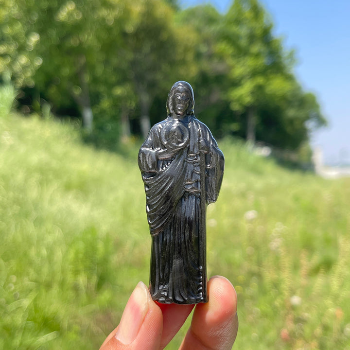 Natural Sacred Silver Obsidian Priest Carving