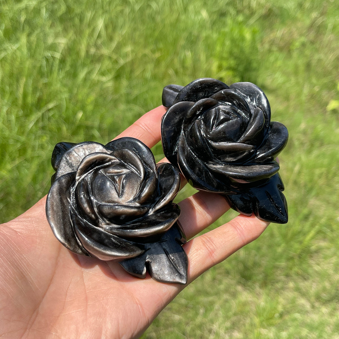 Natural Crystal Silver Obsidian Peony Bloom Carving