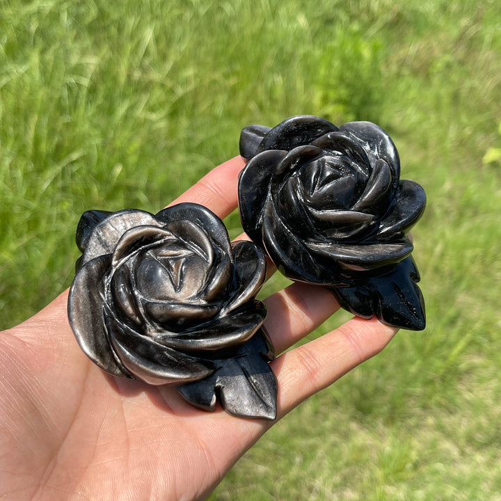Natural Crystal Silver Obsidian Peony Bloom Carving
