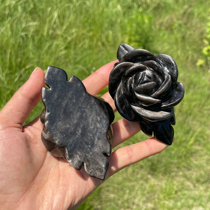 Natural Crystal Silver Obsidian Peony Bloom Carving