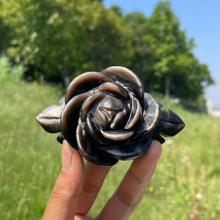 Natural Crystal Silver Obsidian Peony Bloom Carving