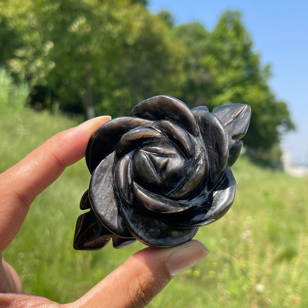 Natural Crystal Silver Obsidian Peony Bloom Carving