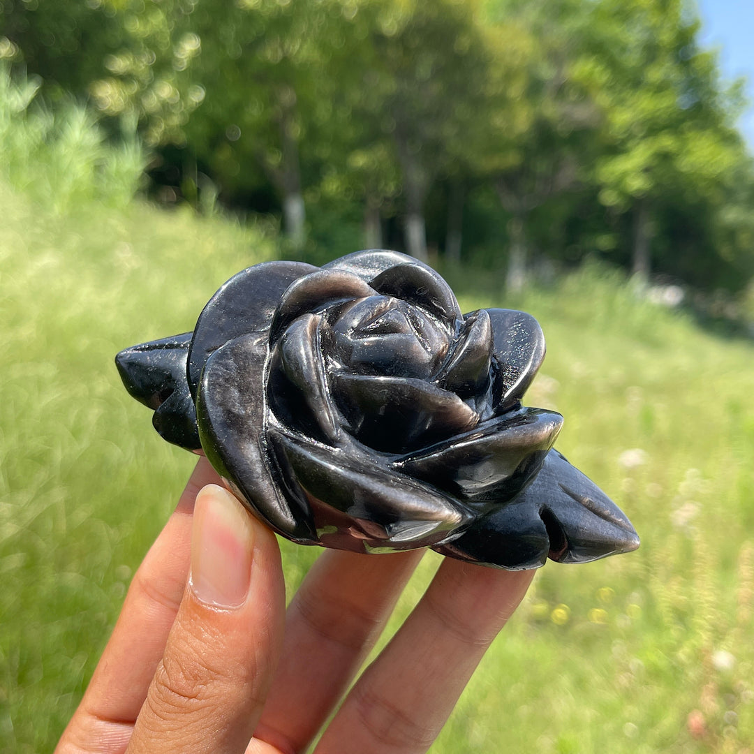 Natural Crystal Silver Obsidian Peony Bloom Carving