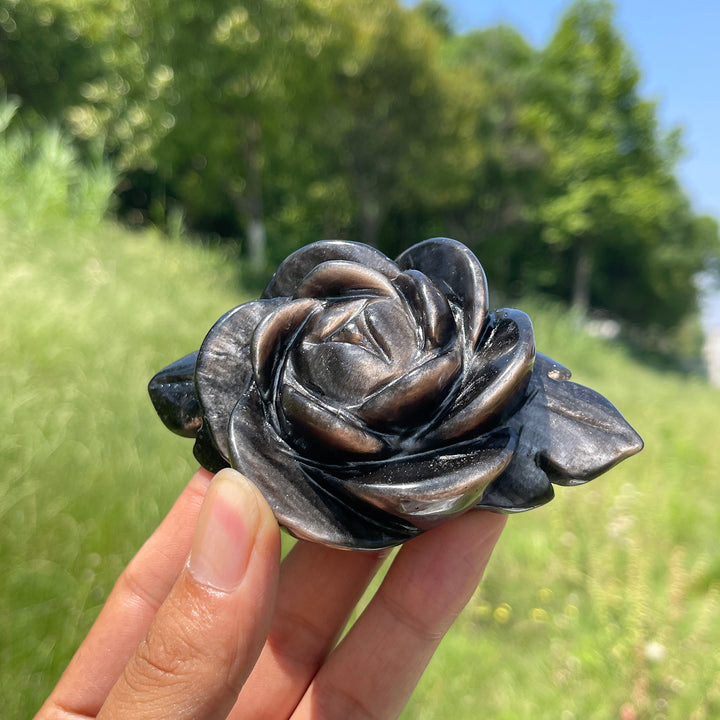 Natural Crystal Silver Obsidian Peony Bloom Carving