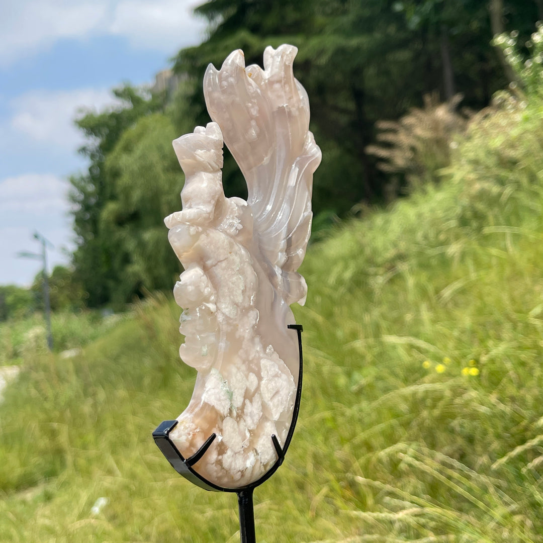 Unique,A Slightly Imperfect Natural Elegant Flower Agate Nine-Tailed Fox Carving