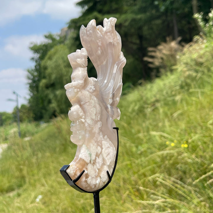 Unique,A Slightly Imperfect Natural Elegant Flower Agate Nine-Tailed Fox Carving