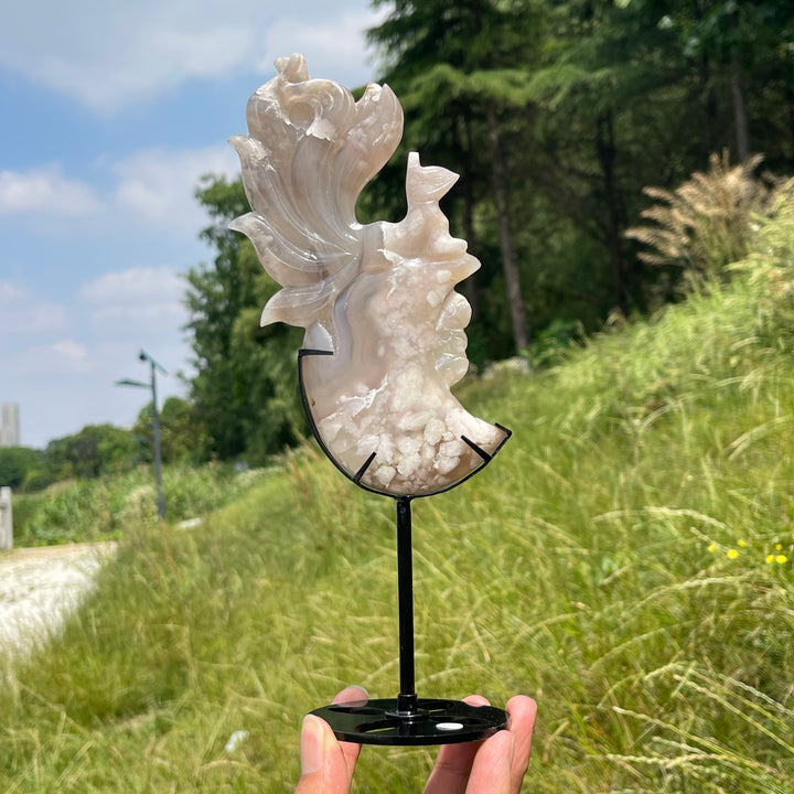 Unique,A Slightly Imperfect Natural Elegant Flower Agate Nine-Tailed Fox Carving