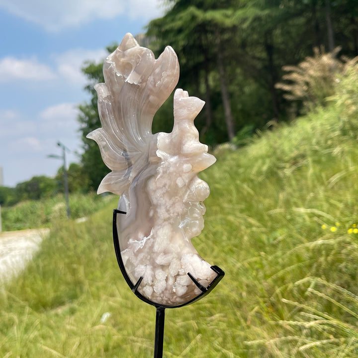 Unique,A Slightly Imperfect Natural Elegant Flower Agate Nine-Tailed Fox Carving