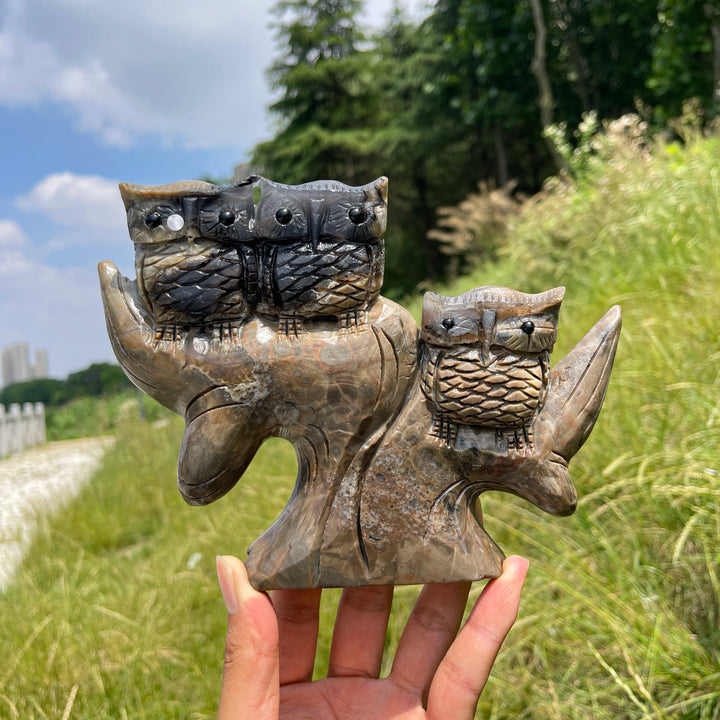 Unique,A Slightly Imperfect Natural Volcanic Agate Owl Family Carving