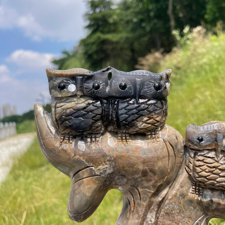 Unique,A Slightly Imperfect Natural Volcanic Agate Owl Family Carving