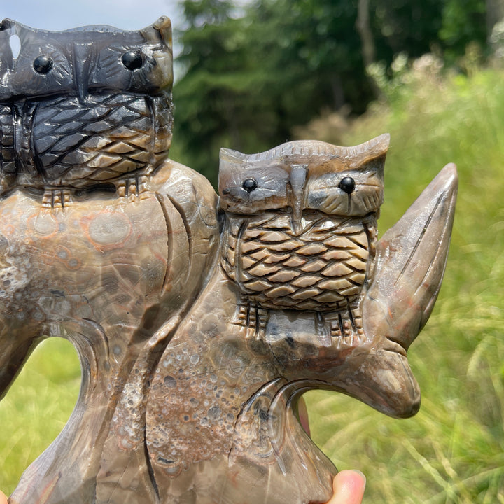 Unique,A Slightly Imperfect Natural Volcanic Agate Owl Family Carving