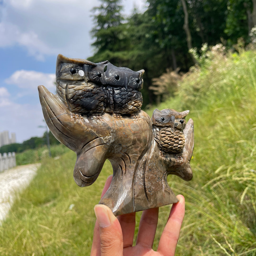 Unique,A Slightly Imperfect Natural Volcanic Agate Owl Family Carving