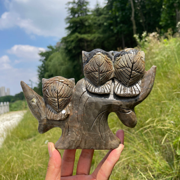 Unique,A Slightly Imperfect Natural Volcanic Agate Owl Family Carving
