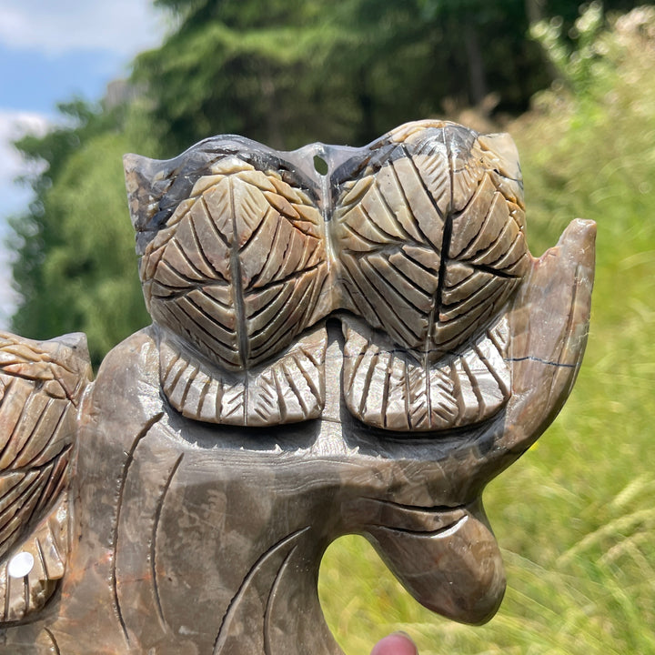 Unique,A Slightly Imperfect Natural Volcanic Agate Owl Family Carving