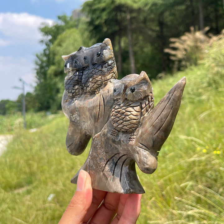 Unique,A Slightly Imperfect Natural Volcanic Agate Owl Family Carving