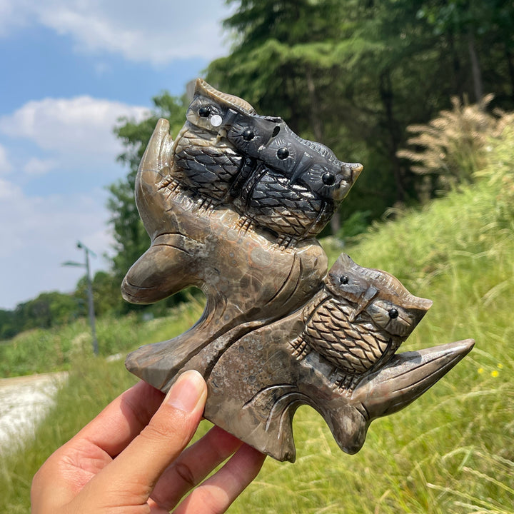 Unique,A Slightly Imperfect Natural Volcanic Agate Owl Family Carving