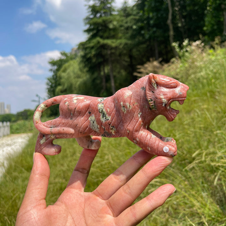 Unique,A Slightly Imperfect Natural Red Calcite With Serpentine And Phlogopite Tiger Carving