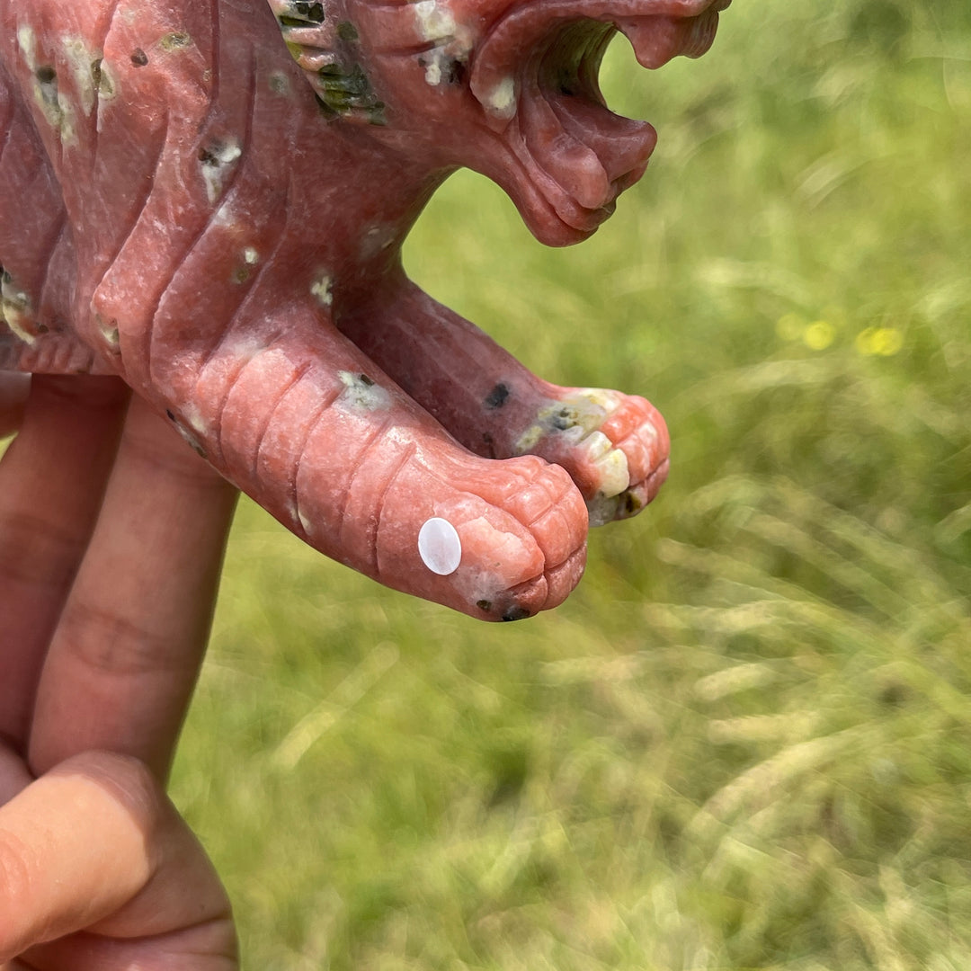 Unique,A Slightly Imperfect Natural Red Calcite With Serpentine And Phlogopite Tiger Carving