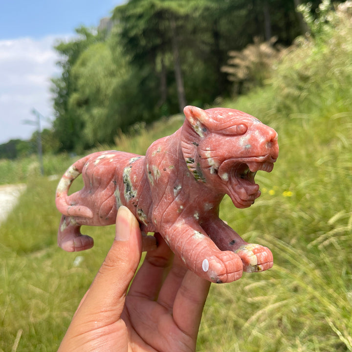 Unique,A Slightly Imperfect Natural Red Calcite With Serpentine And Phlogopite Tiger Carving