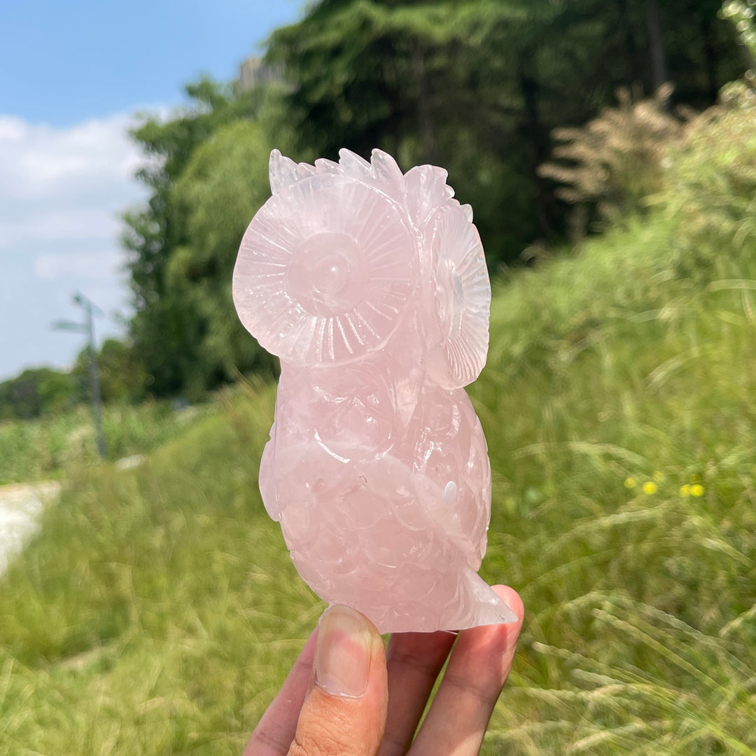 Unique,A Slightly Imperfect Natural Crystal Rose Quartz Owl Carving