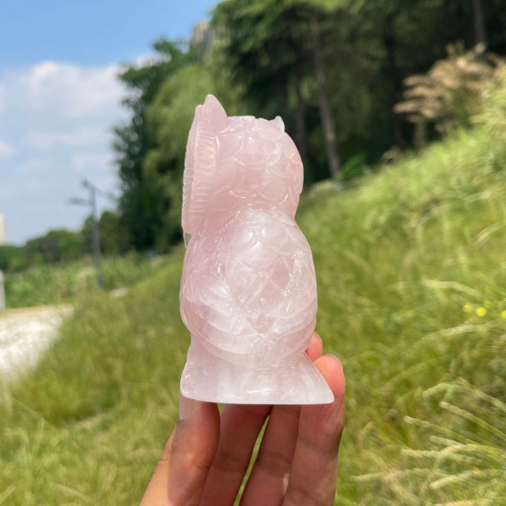 Unique,A Slightly Imperfect Natural Crystal Rose Quartz Owl Carving