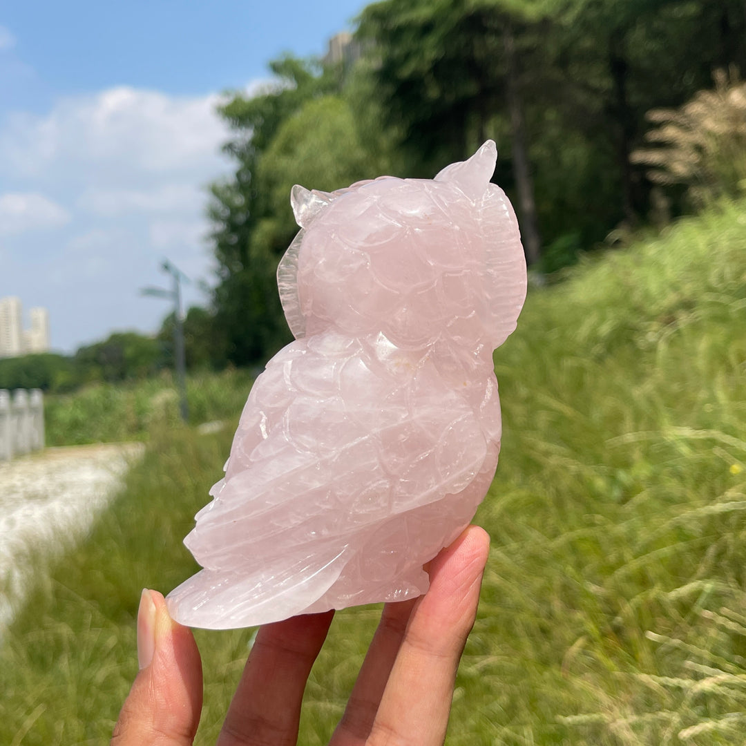 Unique,A Slightly Imperfect Natural Crystal Rose Quartz Owl Carving
