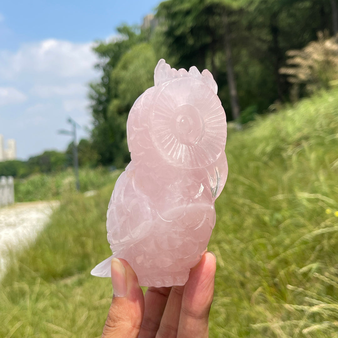 Unique,A Slightly Imperfect Natural Crystal Rose Quartz Owl Carving