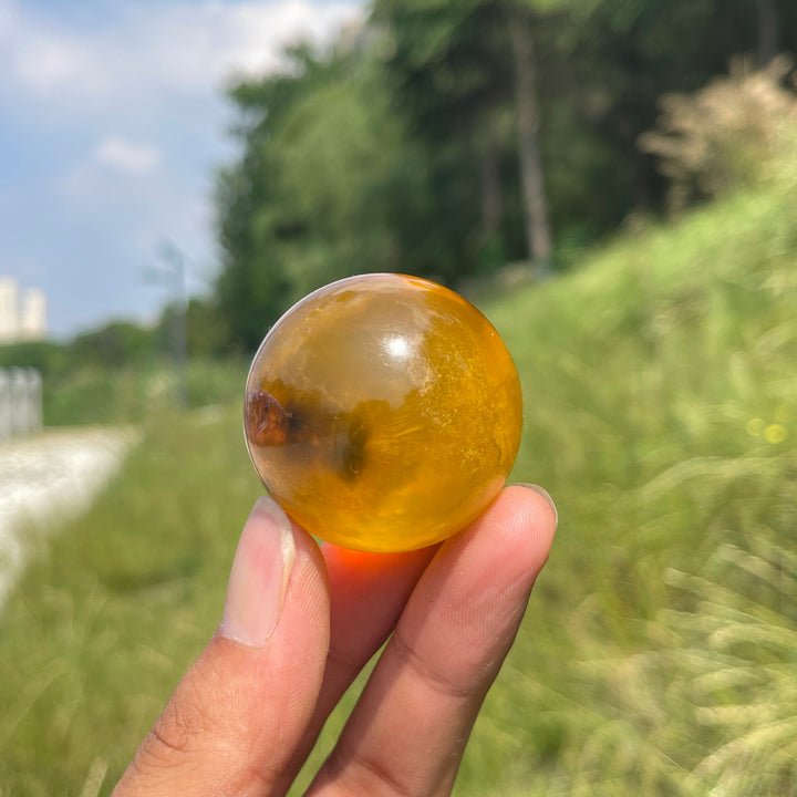 Natural Round Yellow Fluorite Crystal Sphere