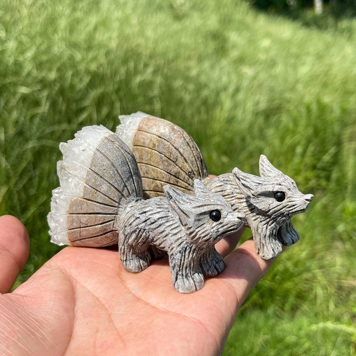 Natural Crystal Delicate Cluster Nine‑Tailed Fox Carving