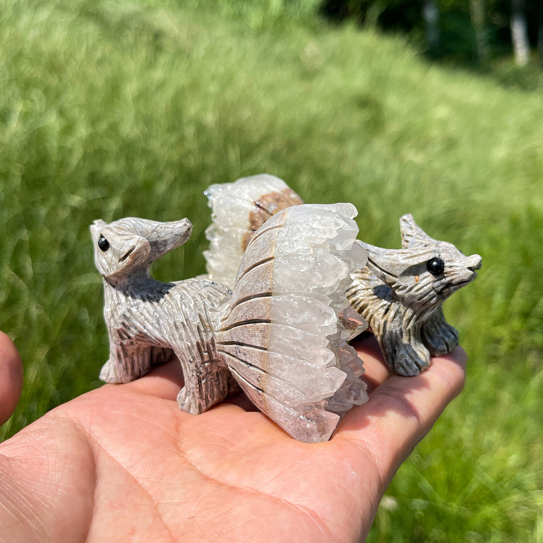 Natural Crystal Delicate Cluster Nine‑Tailed Fox Carving