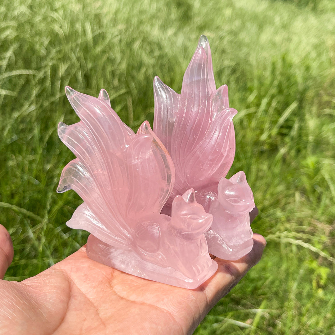 Unique,A Slightly Imperfect Natural Rose Quartz Nine-Tailed Fox Carving