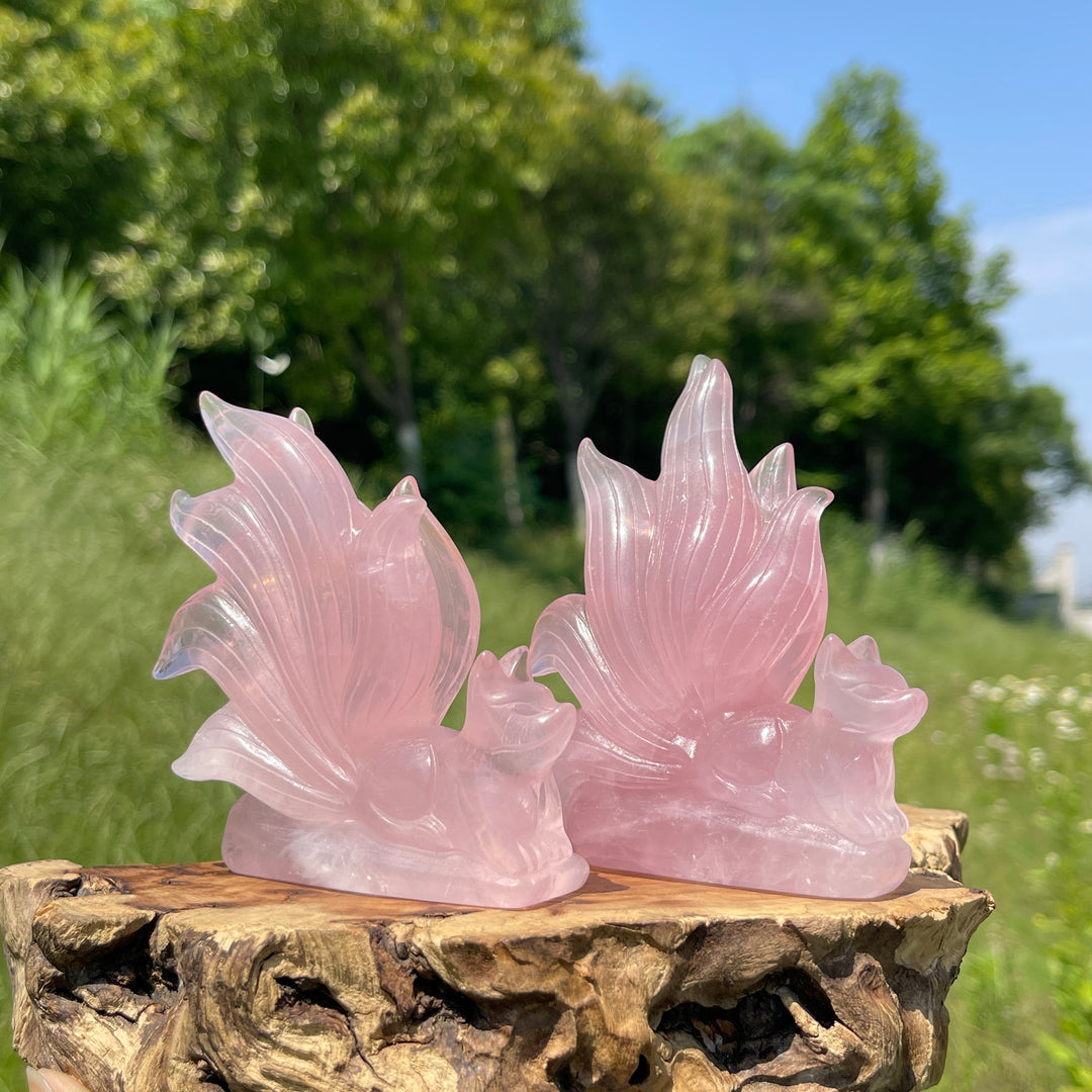 Unique,A Slightly Imperfect Natural Rose Quartz Nine-Tailed Fox Carving