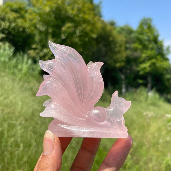 Unique,A Slightly Imperfect Natural Rose Quartz Nine-Tailed Fox Carving