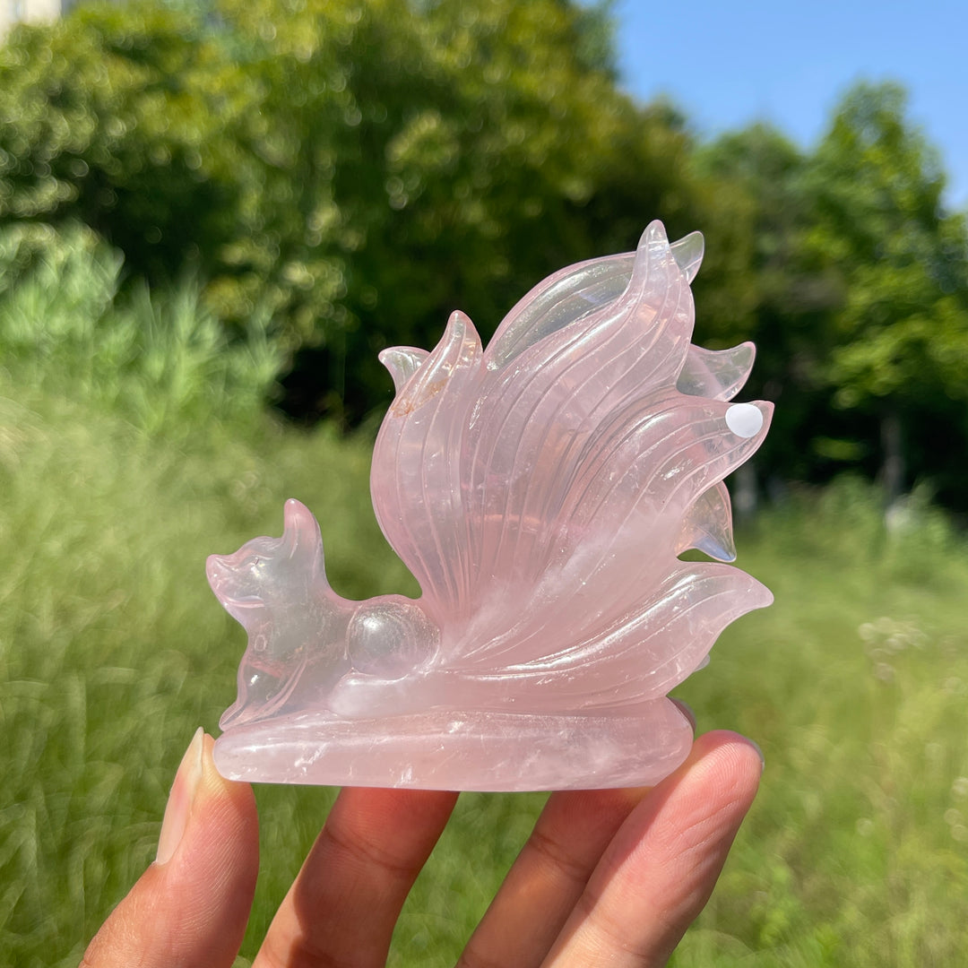 Unique,A Slightly Imperfect Natural Rose Quartz Nine-Tailed Fox Carving