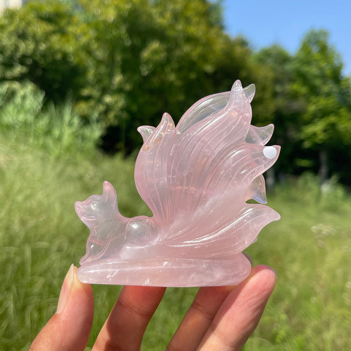 Unique,A Slightly Imperfect Natural Rose Quartz Nine-Tailed Fox Carving