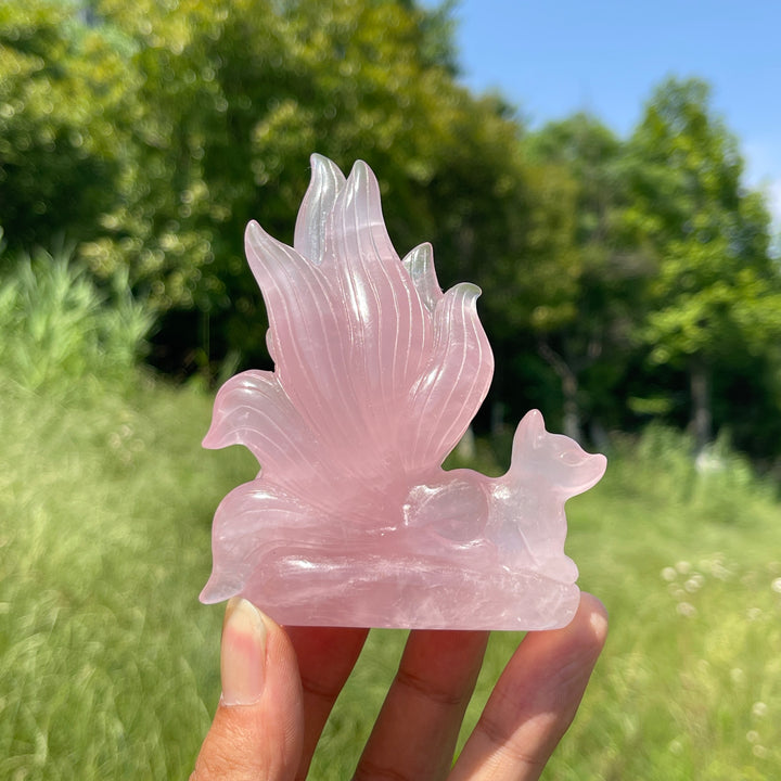Unique,A Slightly Imperfect Natural Rose Quartz Nine-Tailed Fox Carving