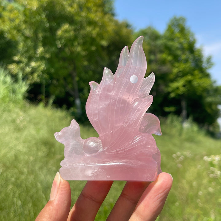 Unique,A Slightly Imperfect Natural Rose Quartz Nine-Tailed Fox Carving