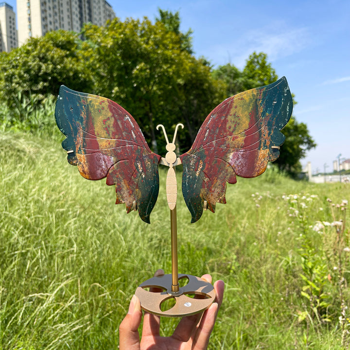 Unique,A Slightly Imperfect Natural Ocean Jasper Butterfly Wings With Metal Stand