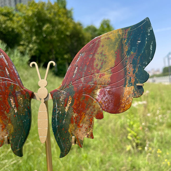 Unique,A Slightly Imperfect Natural Ocean Jasper Butterfly Wings With Metal Stand