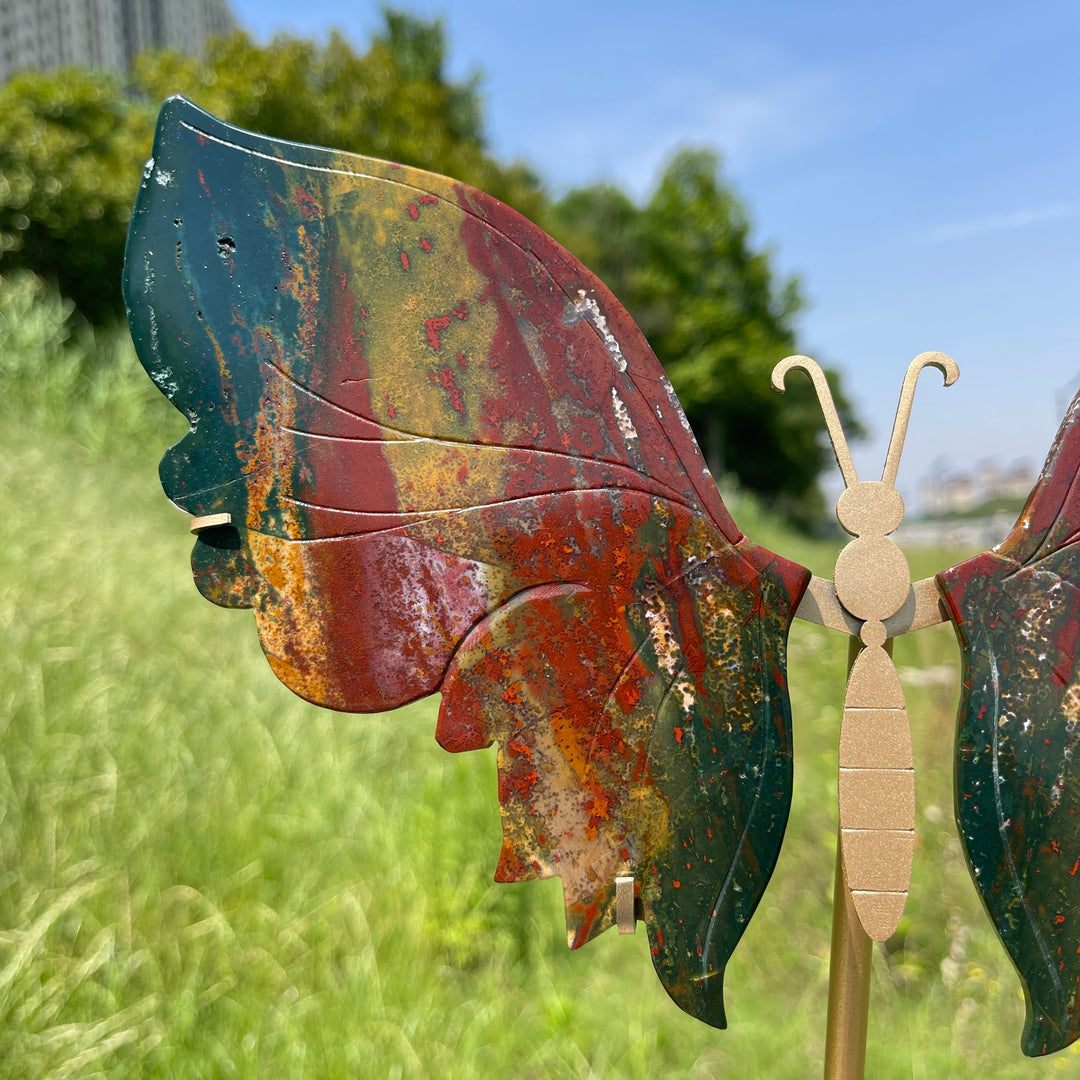 Unique,A Slightly Imperfect Natural Ocean Jasper Butterfly Wings With Metal Stand