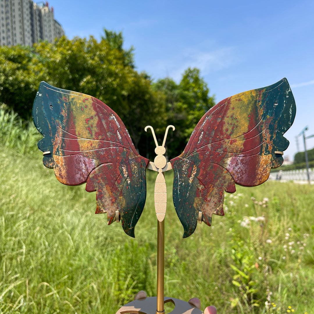 Unique,A Slightly Imperfect Natural Ocean Jasper Butterfly Wings With Metal Stand