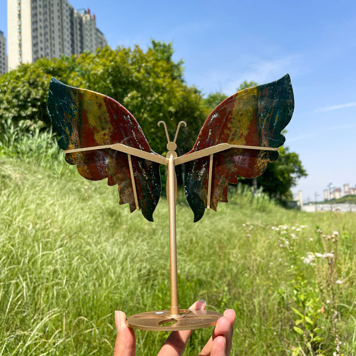 Unique,A Slightly Imperfect Natural Ocean Jasper Butterfly Wings With Metal Stand