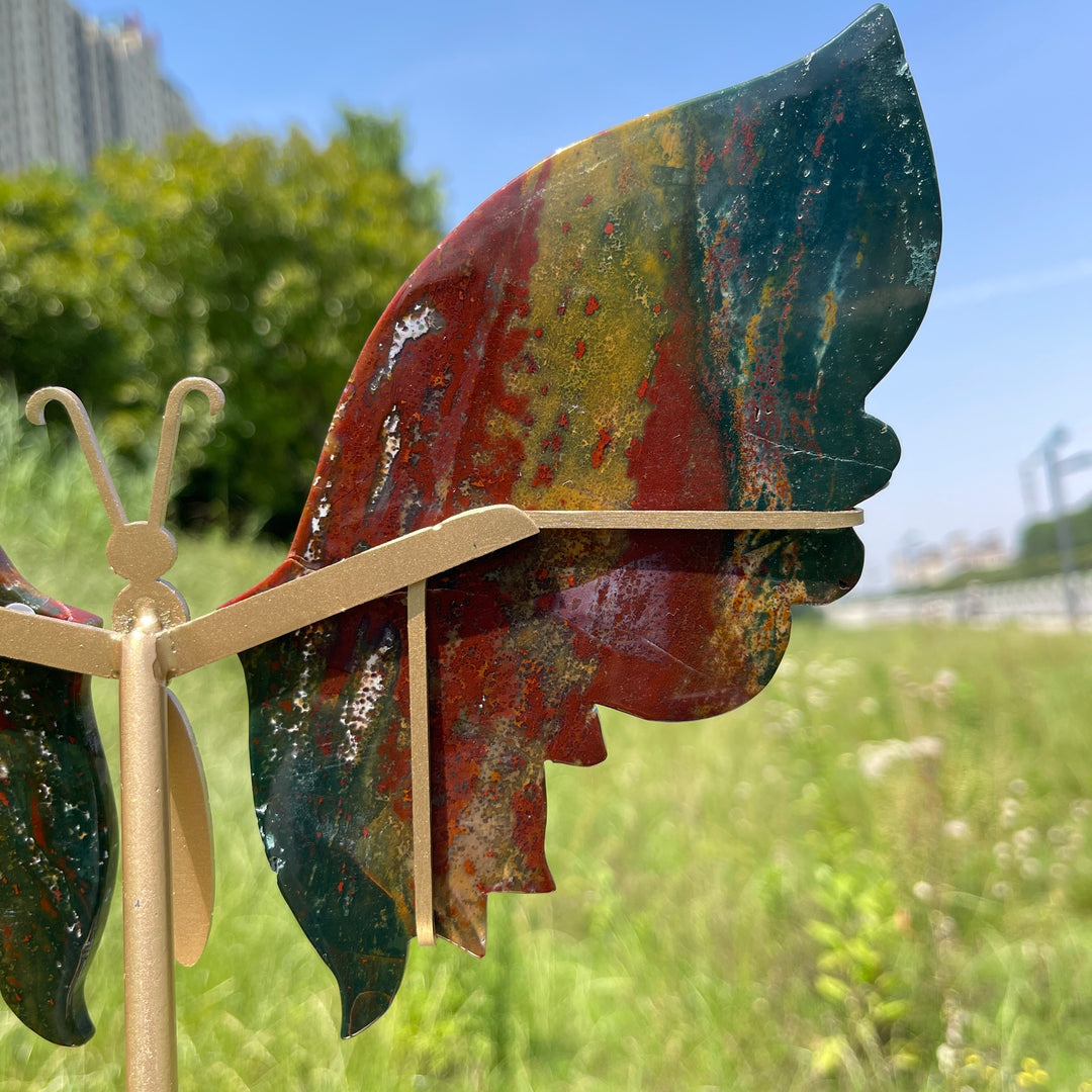 Unique,A Slightly Imperfect Natural Ocean Jasper Butterfly Wings With Metal Stand
