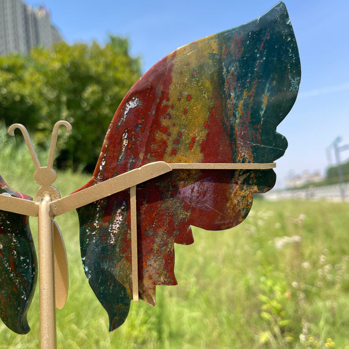 Unique,A Slightly Imperfect Natural Ocean Jasper Butterfly Wings With Metal Stand