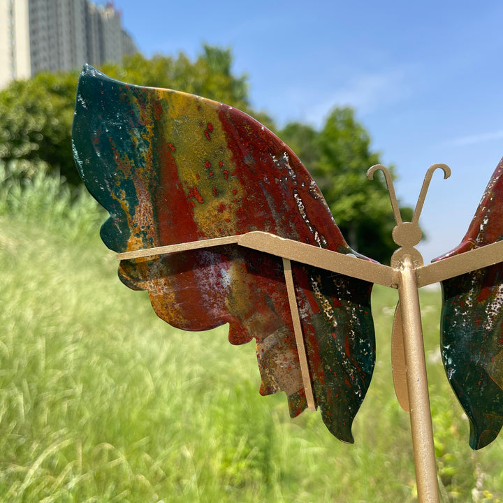 Unique,A Slightly Imperfect Natural Ocean Jasper Butterfly Wings With Metal Stand