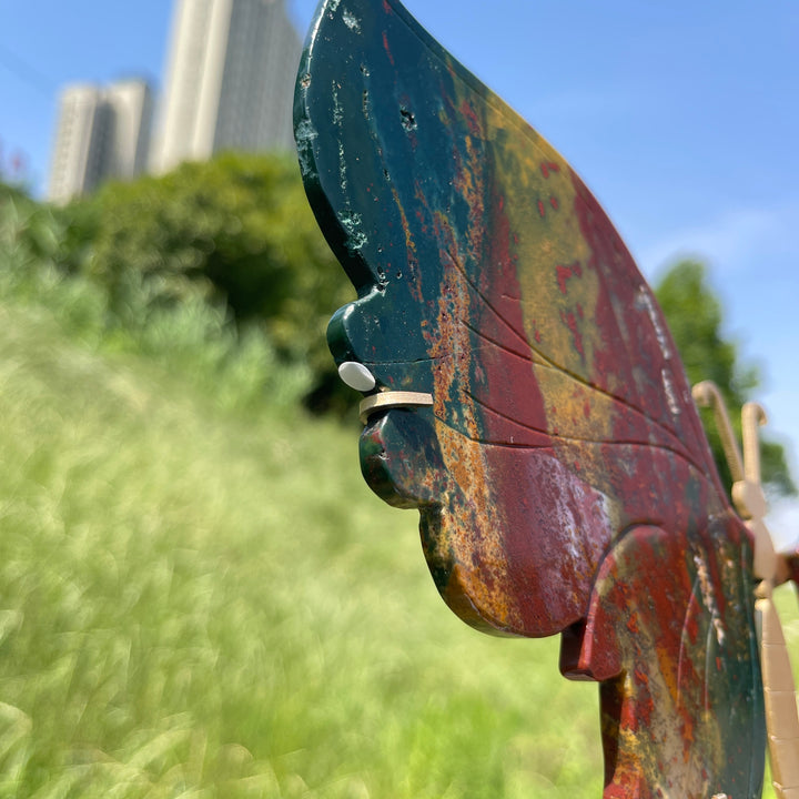 Unique,A Slightly Imperfect Natural Ocean Jasper Butterfly Wings With Metal Stand